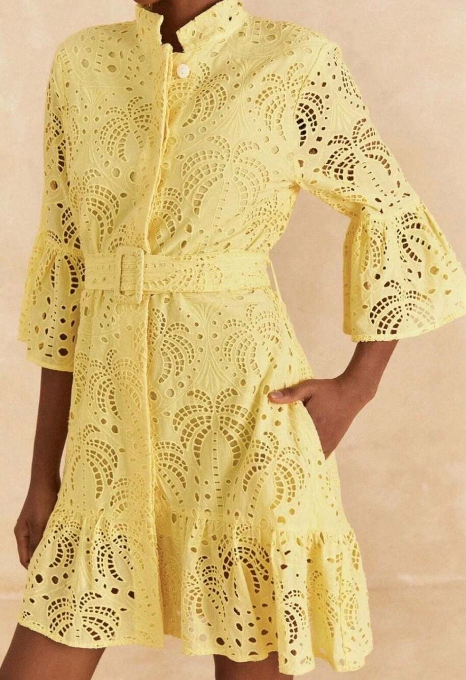 Farm Rio Yellow Eyelet Embroidered Belted Mini Dress Size S